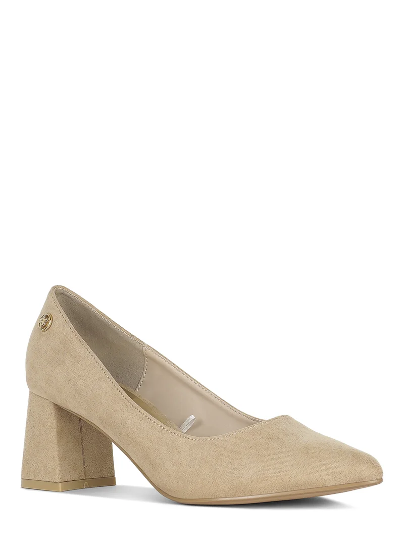 London Rag Block Heel Pumps in Beige