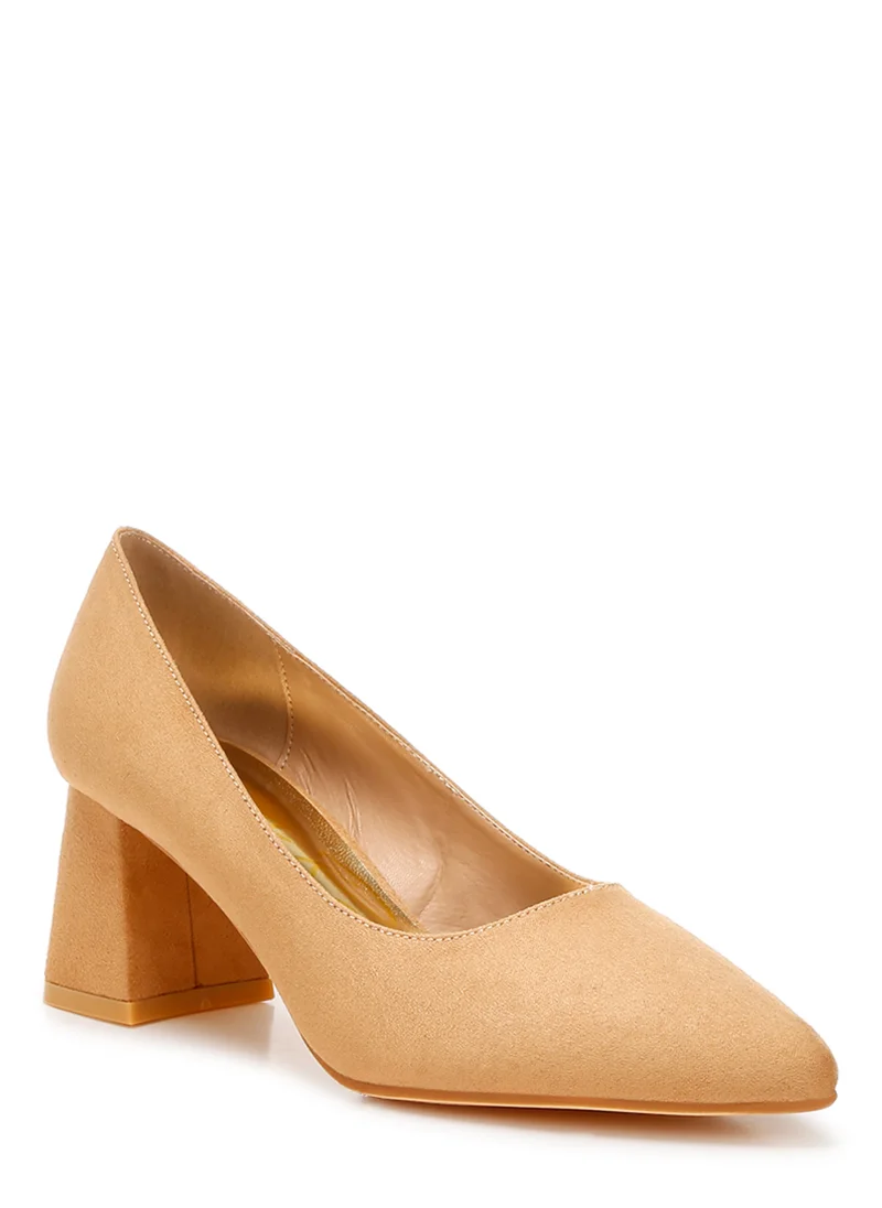 London Rag Block Heel Pumps in Beige