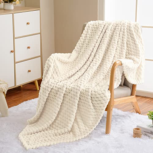 Vessia Flannel Fleece Twin Size Blanket(60x80 inch), 3D Jacquard Cream Fuzzy and Warm Blanket for Couch,Sofa,Chair, 300GSM Super Soft Touch Cozy Lightweight Beige Bed Home Decor for All-Season - Image 2