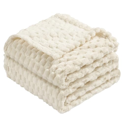 Vessia Flannel Fleece Twin Size Blanket(60x80 inch), 3D Jacquard Cream Fuzzy and Warm Blanket for Couch,Sofa,Chair, 300GSM Super Soft Touch Cozy Lightweight Beige Bed Home Decor for All-Season - Image 1