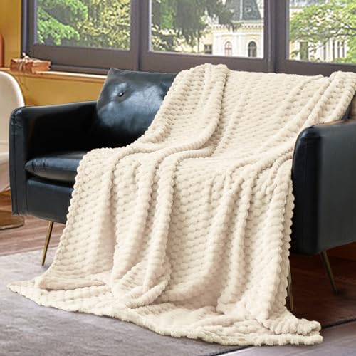 Vessia Flannel Fleece Twin Size Blanket(60x80 inch), 3D Jacquard Cream Fuzzy and Warm Blanket for Couch,Sofa,Chair, 300GSM Super Soft Touch Cozy Lightweight Beige Bed Home Decor for All-Season - Image 3
