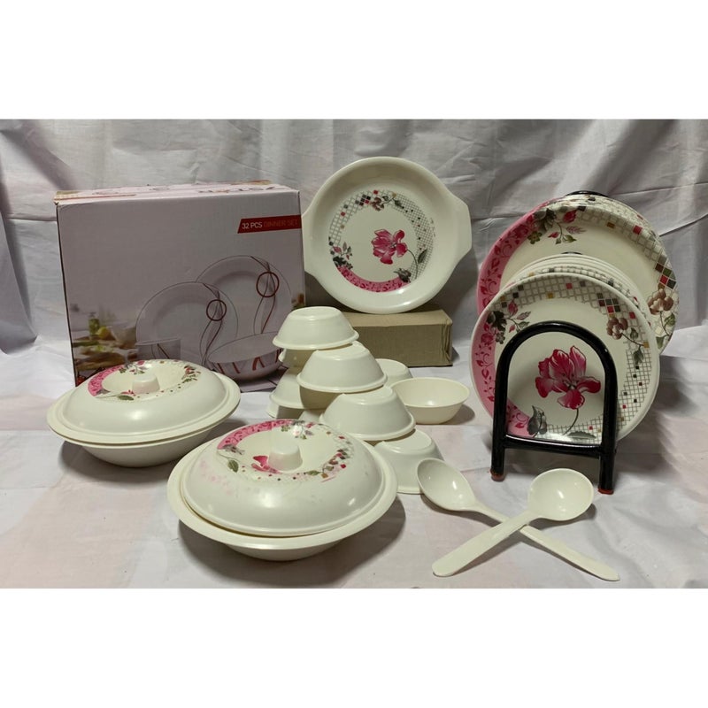 Drumstone (October Special 𝟭𝟱 𝗬𝗲𝗮𝗿𝘀 𝗪𝗮𝗿𝗿𝗮𝗻𝘁𝘆) 32-Piece Pink Floral Dinnerware Set - Plates, Veg Bowls, Rice Plate, Dongas with Lids & Serving Spoons - for Family Dinners & Events - Image 5