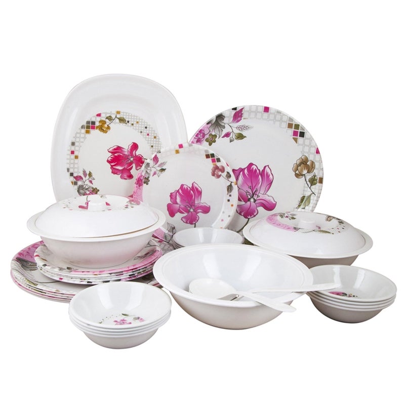 Drumstone (October Special 𝟭𝟱 𝗬𝗲𝗮𝗿𝘀 𝗪𝗮𝗿𝗿𝗮𝗻𝘁𝘆) 32-Piece Pink Floral Dinnerware Set - Plates, Veg Bowls, Rice Plate, Dongas with Lids & Serving Spoons - for Family Dinners & Events - Image 1