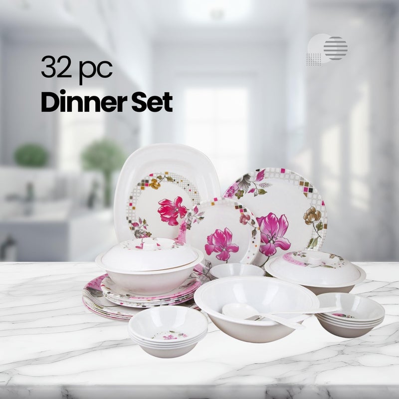 Drumstone (October Special 𝟭𝟱 𝗬𝗲𝗮𝗿𝘀 𝗪𝗮𝗿𝗿𝗮𝗻𝘁𝘆) 32-Piece Pink Floral Dinnerware Set - Plates, Veg Bowls, Rice Plate, Dongas with Lids & Serving Spoons - for Family Dinners & Events - Image 3