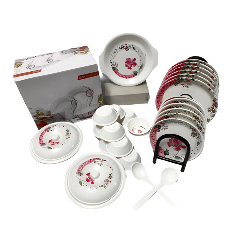 Drumstone (October Special 𝟭𝟱 𝗬𝗲𝗮𝗿𝘀 𝗪𝗮𝗿𝗿𝗮𝗻𝘁𝘆) 32-Piece Pink Floral Dinnerware Set - Plates, Veg Bowls, Rice Plate, Dongas with Lids & Serving Spoons - for Family Dinners & Events - Image 2