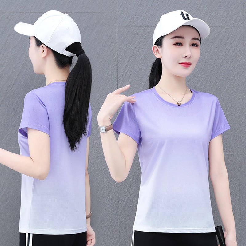 Ice Silk Elastic Quick-Drying Gradient Color-Matching Casual Short-Sleeve Round Neck T-Shirt Women'S Summer Mesh Breathable Loose T-Shirt - Image 5