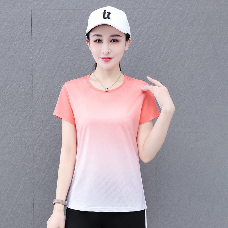 Ice Silk Elastic Quick-Drying Gradient Color-Matching Casual Short-Sleeve Round Neck T-Shirt Women'S Summer Mesh Breathable Loose T-Shirt - Image 1
