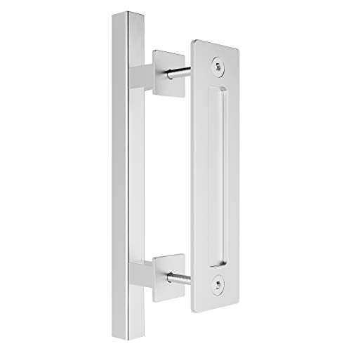 SMARTSTANDARD Heavy Duty 12" Pull and Flush Barn Door Handle Set, Large Rustic Two-Side Design, for Gates Garages Sheds Furniture, Solid Stainless Steel, Square, Silver - Image 1