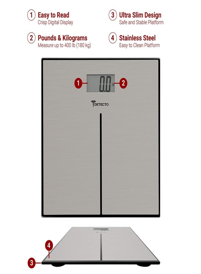 Escali Detecto D133 Deluxe Modern Stainless Steel Body Weight Bathroom Scale, Digital LCD Display, 400lb Capacity - Image 2