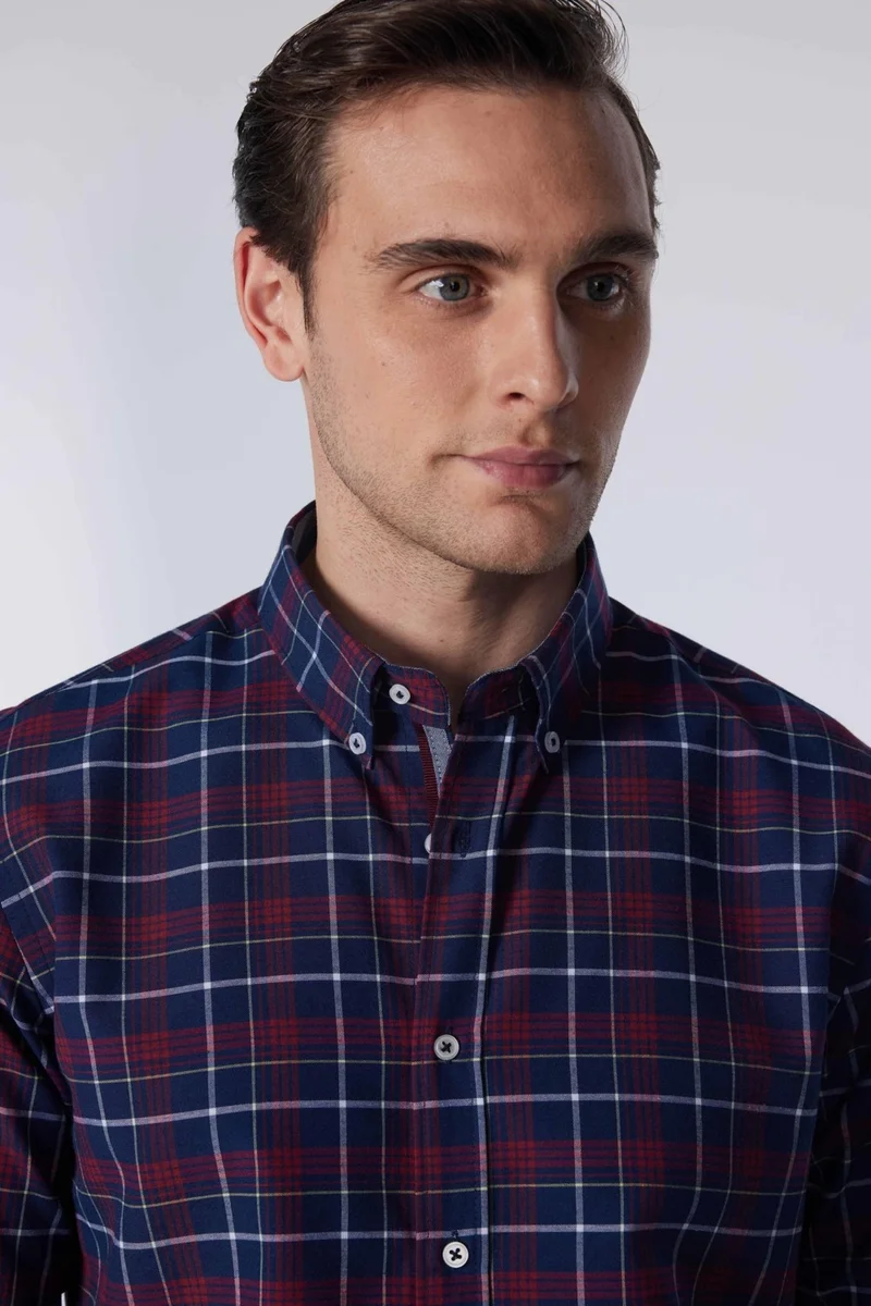 Tudors Slim Fit Long Sleeve Button Collar Checked Cotton Easy Iron Men's Shirt