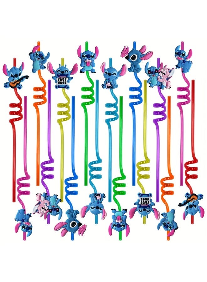 16pcs reusable colorful spiral straws with various Stitch cartoon decorations, perfect for parties or everyday drinking - Image 1