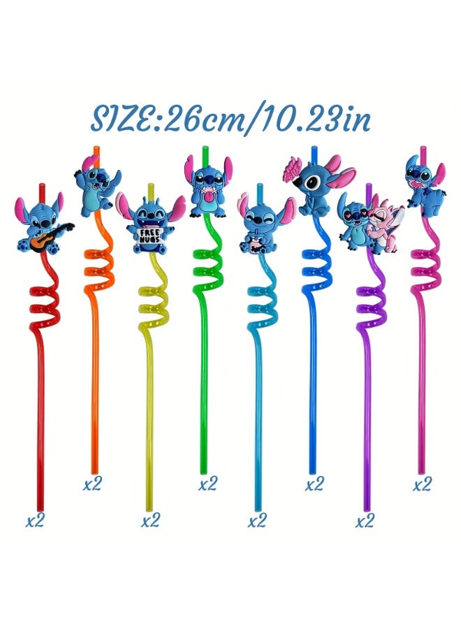 16pcs reusable colorful spiral straws with various Stitch cartoon decorations, perfect for parties or everyday drinking - Image 2
