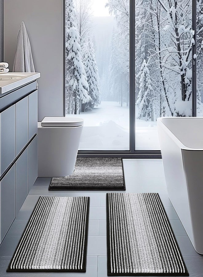 BSICPRO مجموعة سجادات الحمام BSICPRO 3 قطع، سجادات مرحاض على شكل حرف U، مجموعة حصائر استحمام مخططة ماصة وغير قابلة للانزلاق من الشنيل، سوداء - Image 1