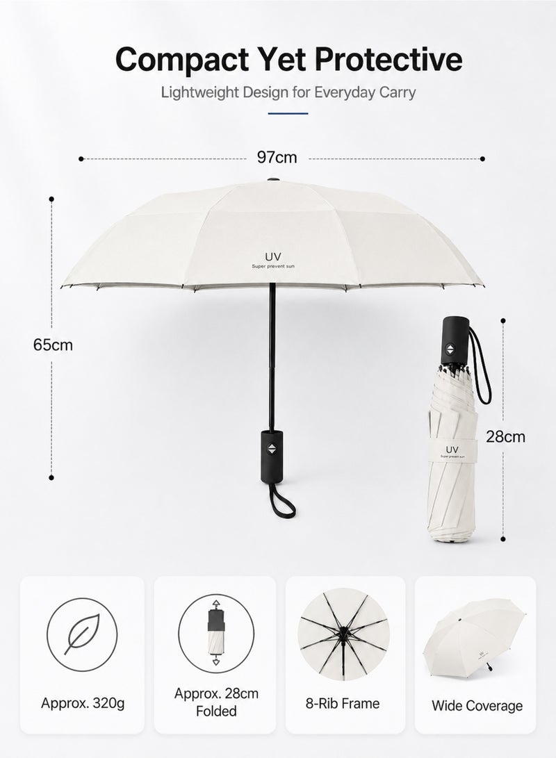 umbrella UPF 50+ UV Protection Umbrella, Automatic Open Close Compact Folding Travel Umbrella, 8-Rib Wind-Resistant Rain & Sun Umbrella, 97 cm, Ivory White - Image 2