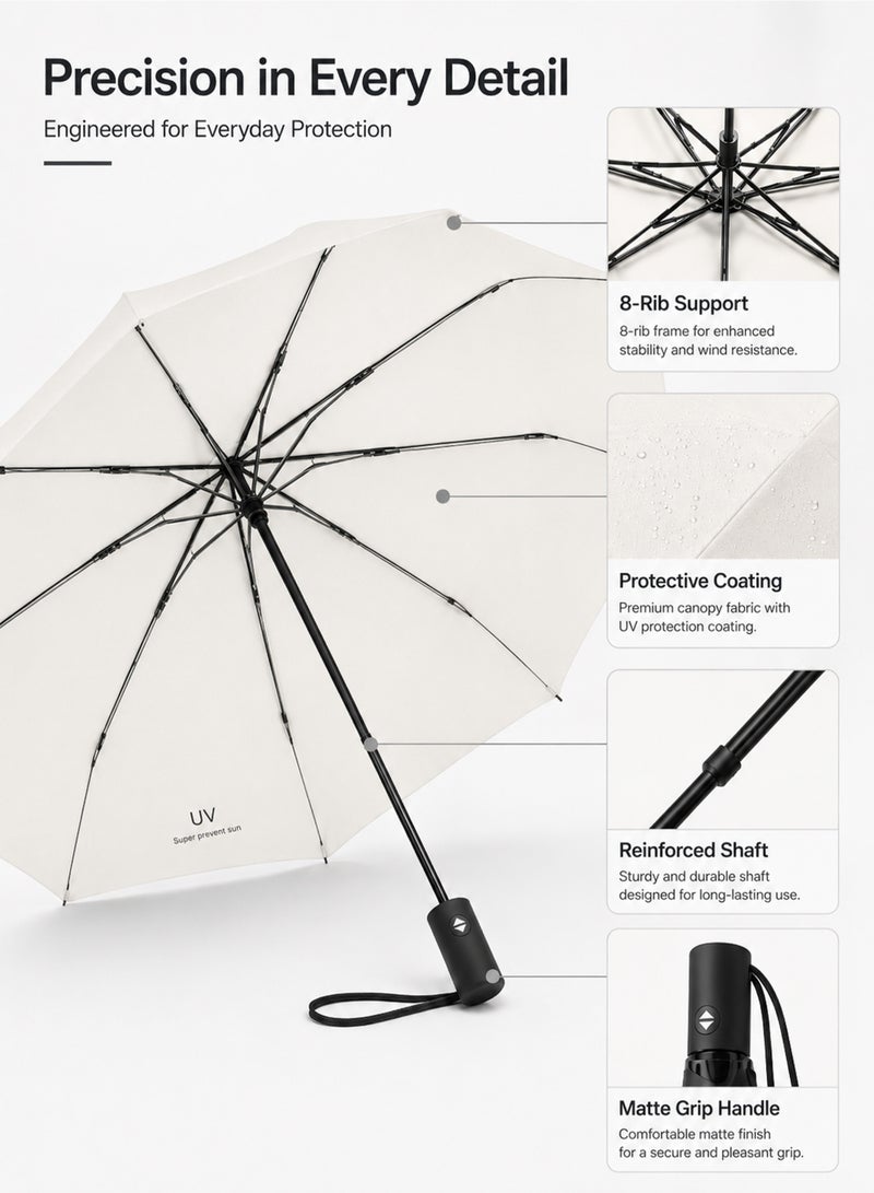 umbrella UPF 50+ UV Protection Umbrella, Automatic Open Close Compact Folding Travel Umbrella, 8-Rib Wind-Resistant Rain & Sun Umbrella, 97 cm, Ivory White - Image 3