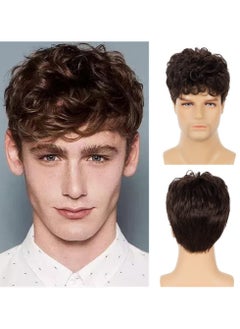 CMGTYYD. Men Short Wigs Curly Fluffy Natural Synthetic Hair with Bangs Daily Full Wig for Male Guy (Brown)  - Image 1
