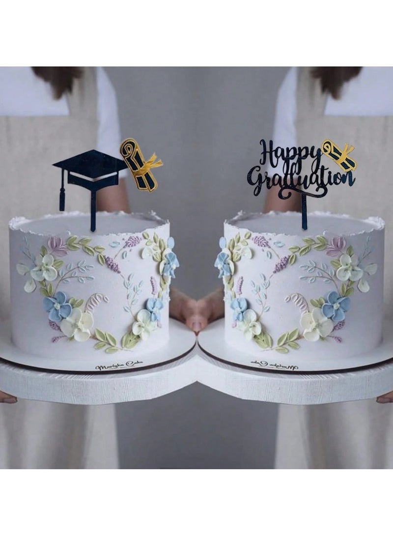 Graduation decoration, two-piece black cake topper with a graduation cap design and the phrase “Happy Graduation” suitable for celebrating graduation and graduation decoration - Image 1