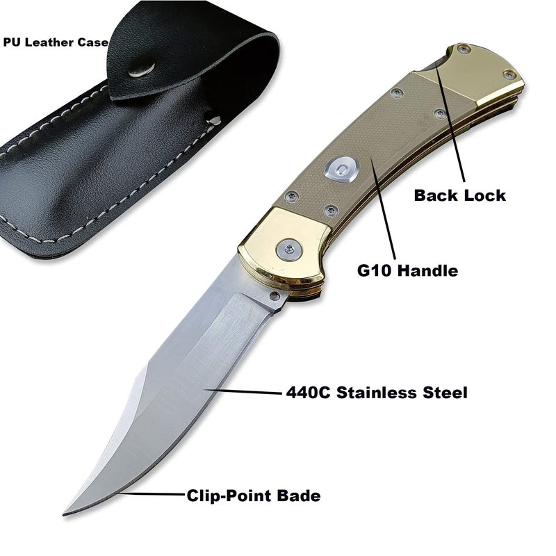 Assisted Opening Pocket Knife for Men, 440C Stainless Steel Blade, Lock-back Pocket Knife with G10 Handle, EDC Folding Knife for Camping - Image 2