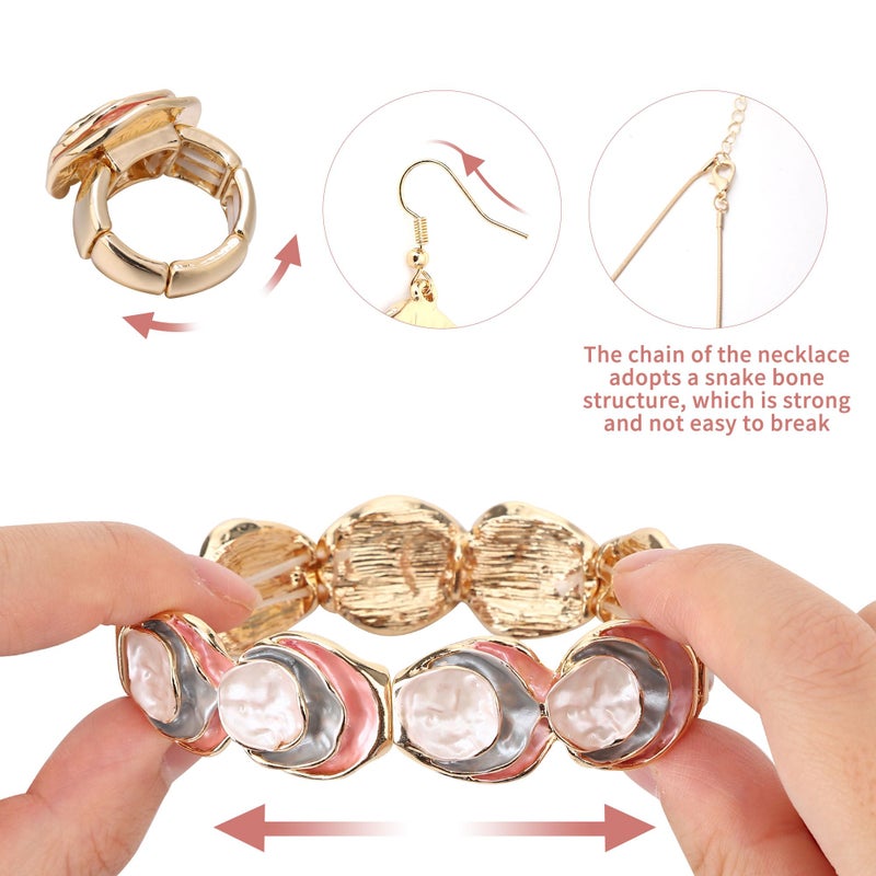 JMScape 4 PCS Western Turquoise Jewelry for Women Boho Vintage Navajo Pearl Necklace Earring Bracelet Ring Set Country Cowgirl Accessories for Gift (T-Pink) - Image 4