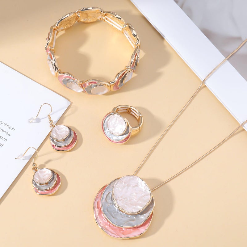 JMScape 4 PCS Western Turquoise Jewelry for Women Boho Vintage Navajo Pearl Necklace Earring Bracelet Ring Set Country Cowgirl Accessories for Gift (T-Pink) - Image 3