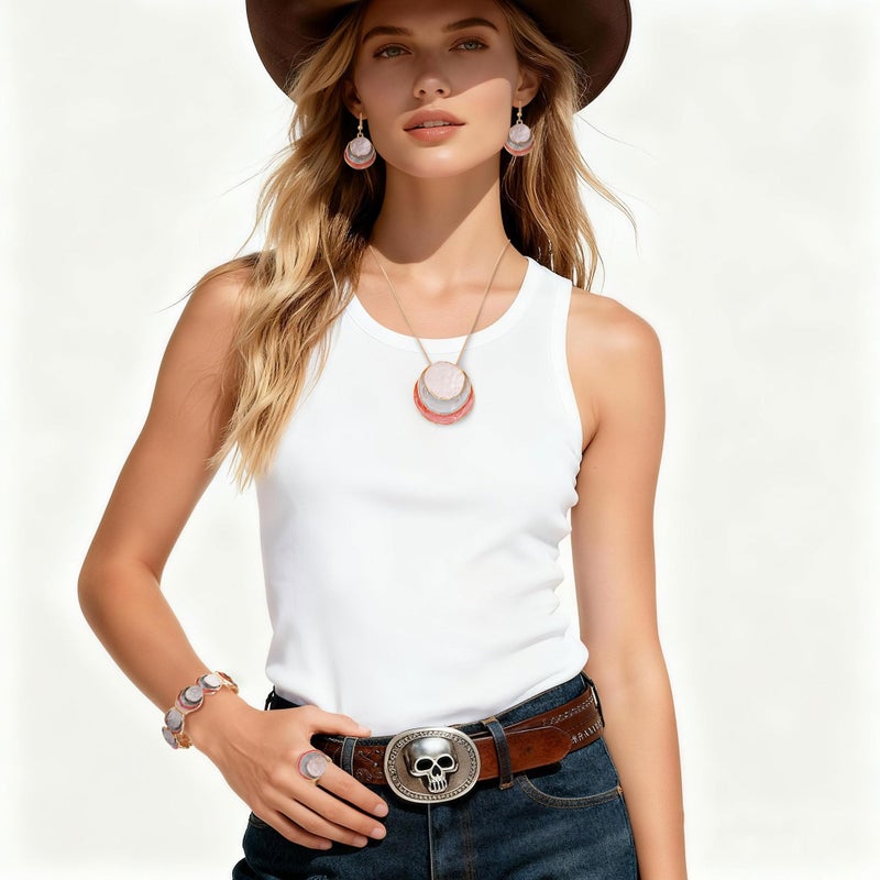 JMScape 4 PCS Western Turquoise Jewelry for Women Boho Vintage Navajo Pearl Necklace Earring Bracelet Ring Set Country Cowgirl Accessories for Gift (T-Pink) - Image 2