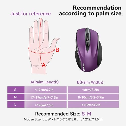 TECKNET Wireless Mouse (BT5.0/3.0 & 2.4G) Rechargeable 4800 DPI Silent USB A & Bluetooth Mouse 6 Buttons, Wide Compatibility - Purple - Image 4