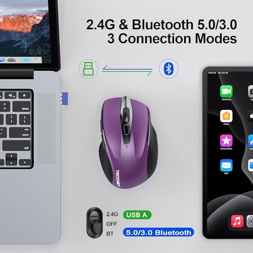 TECKNET Wireless Mouse (BT5.0/3.0 & 2.4G) Rechargeable 4800 DPI Silent USB A & Bluetooth Mouse 6 Buttons, Wide Compatibility - Purple - Image 2