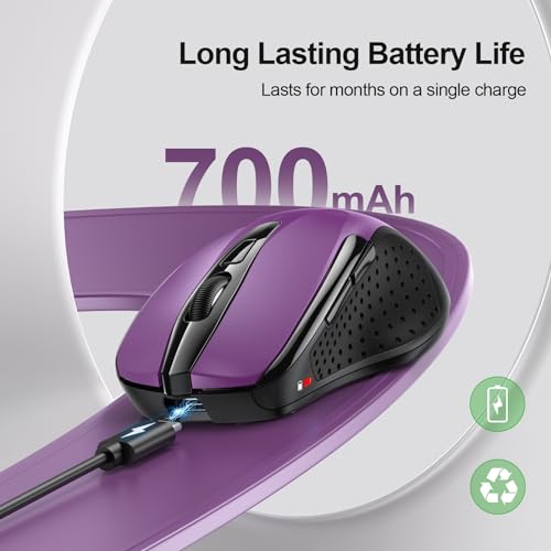 TECKNET Wireless Mouse (BT5.0/3.0 & 2.4G) Rechargeable 4800 DPI Silent USB A & Bluetooth Mouse 6 Buttons, Wide Compatibility - Purple - Image 3