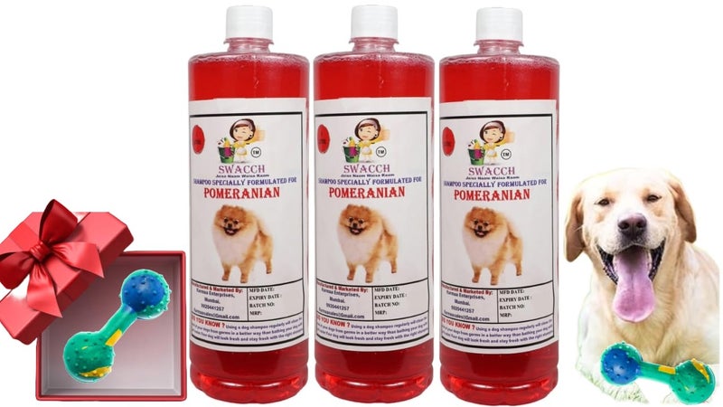 swacch Pomeranian Dog Shampoo + Dumbbell Toy I Durable Rubber Dog Toy for Chewing I Playing,Teeth Cleaning & Training Toy I Combo Pack I 1 Litre Pack of 3 Strawberry - Image 1