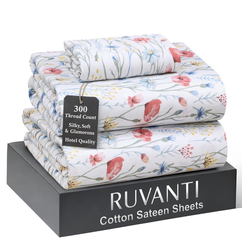 RUVANTI 100% Cotton Sheets Twin Size Bed Set - 300 Thread Count Silky Soft Sateen Weave, Cooling, Lightweight & Breathable, 16" Deep Pocket, Durable & Luxury Satin-Like, 3 Piece, Sweet Pea Fest - Image 1