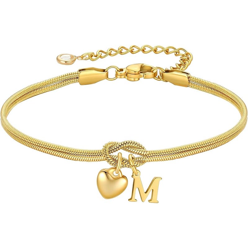 M MOOHAM Initial Knot Bracelets for Women - 18K Gold Plated Initial Knot Bracelets for Women Teen Girls, Trendy Letter A-Z Love Charm Bracelet Dainty Jewelry Womens Bridesmaid Birthday Gifts - Image 1