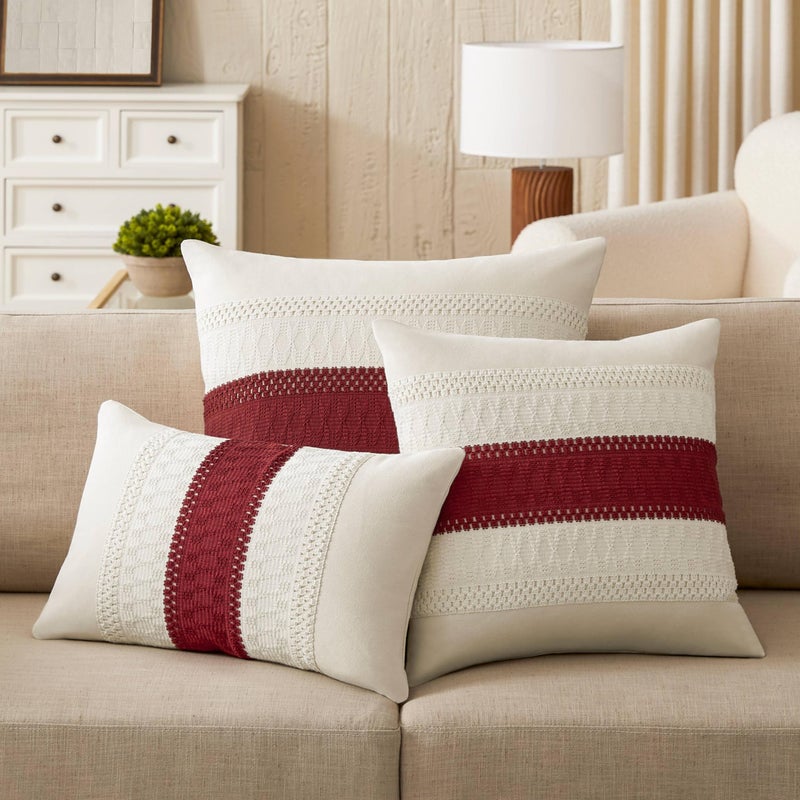 ZeeMart 2 Packs Cotton Boho Throw Pillow Covers 20x20 Inch Contrast/Red  Soft Farmhouse Decorative Couch Pillow Cases Red Cushion Covers for Sofa Bed Living Room Home Decor - Image 5