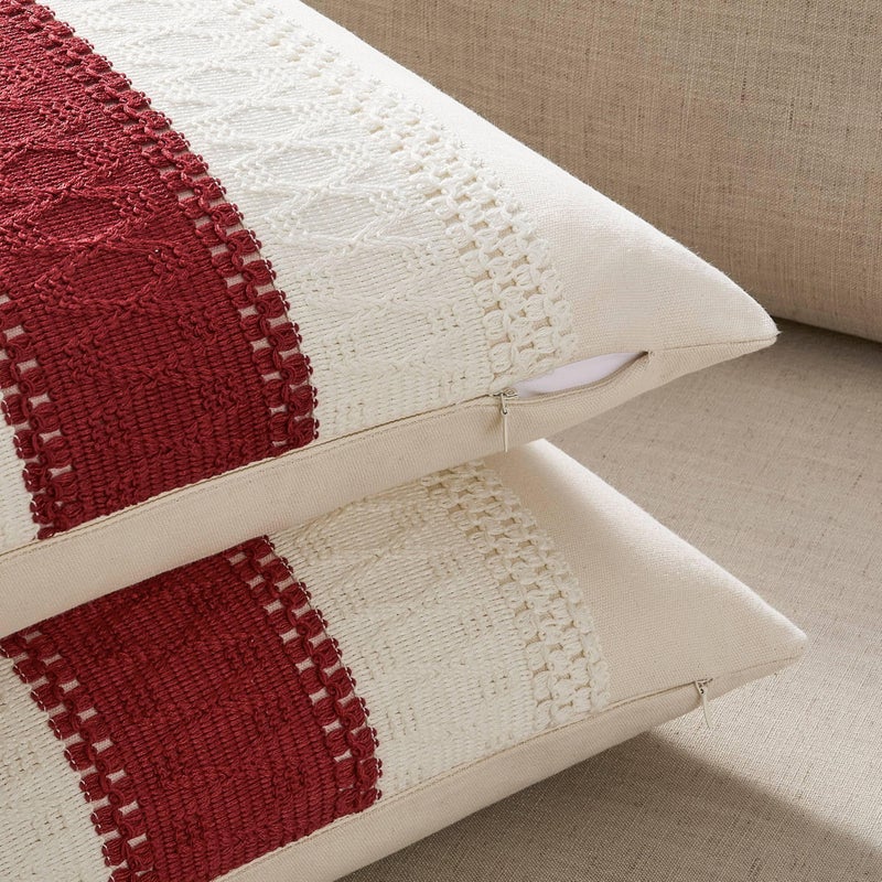 ZeeMart 2 Packs Cotton Boho Throw Pillow Covers 20x20 Inch Contrast/Red  Soft Farmhouse Decorative Couch Pillow Cases Red Cushion Covers for Sofa Bed Living Room Home Decor - Image 3