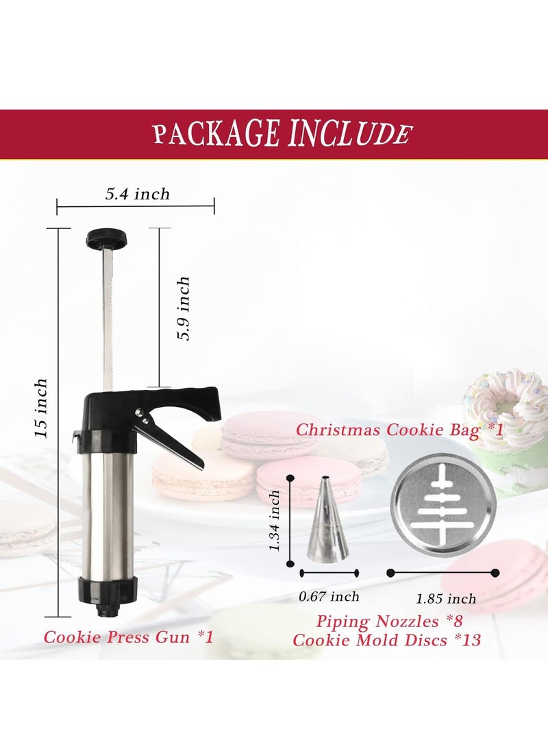 Generic Cookie Press, Baking-Stainless Steel Cookie Press Gun+13 Cookie Discs+8 Icing Nozzles, Spritz Cookie Press Gun Kit for Making and Decorating Cookies  - Image 2