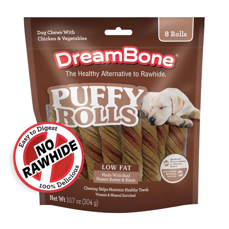 DreamBone Puffy Rolls Chews for Dogs, 8 Count, Treat Your Dog to Easy-to-Digest Rawhide-Free Chews Made with Real Peanut Butter and Bison - Image 1