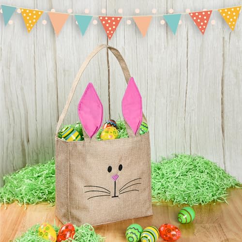 ATFUNSHOP Easter Baskets Bunny Bags Burlap Rabbit Tote Bags Pink for Eggs Hunt Kids Toddler Boys Girls - Image 3