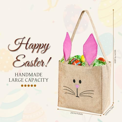 ATFUNSHOP Easter Baskets Bunny Bags Burlap Rabbit Tote Bags Pink for Eggs Hunt Kids Toddler Boys Girls - Image 4