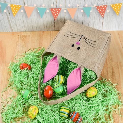 ATFUNSHOP Easter Baskets Bunny Bags Burlap Rabbit Tote Bags Pink for Eggs Hunt Kids Toddler Boys Girls - Image 2