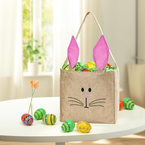 ATFUNSHOP Easter Baskets Bunny Bags Burlap Rabbit Tote Bags Pink for Eggs Hunt Kids Toddler Boys Girls - Image 5