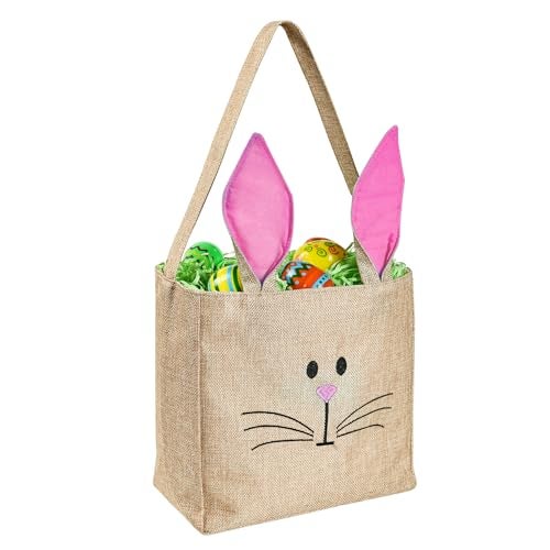 ATFUNSHOP Easter Baskets Bunny Bags Burlap Rabbit Tote Bags Pink for Eggs Hunt Kids Toddler Boys Girls - Image 1