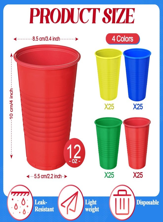 Funnymoom 100 Pcs 12 oz Red Yellow Blue Green Disposable Plastic Cups Party Drinking Colored Water Beverage Cups for Barbecues Picnics Festival Birthday Party Supplies - Image 2