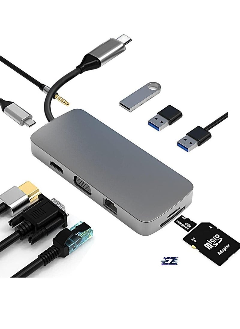 ELTRAZONE محور USB C 10 في 1 إلى محول HDMI 4K مع VGA، شحن PD 100W، USB 3.0/2.0، إيثرنت جيجابت، قارئ بطاقات SD/TF، مقبس صوت 3.5 مم، محطة إرساء Type-C لجهاز MacBook Pro/Air، XPS، أجهزة الكمبيوتر المحمولة والمزيد - Image 1
