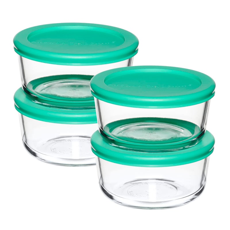 Anchor Hocking 2 Cup Glass Storage Containers with Lids Set of 4 Glass Food Storage Containers with Mint SnugFit Lids