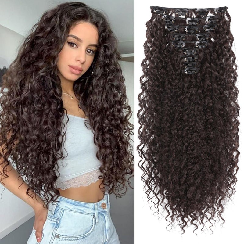 LONAI Hair Extension,9PCS Brown 22" Curly Clip in Hair Extensions LN002 Long Soft Thick Synthetic Hairpieces for Women-Dark Reddish Brown - Image 1