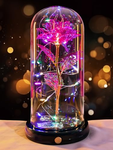 Pusuny Valentines Day Rose Gifts for Her Women Birthday Gift, Rechargeable Galaxy Glass Rose in Glass Dome Forever Crystal Roses flower Anniversary Valentine Gifts for Women Daughter Mom Wife Girlfriend Pink - Image 1