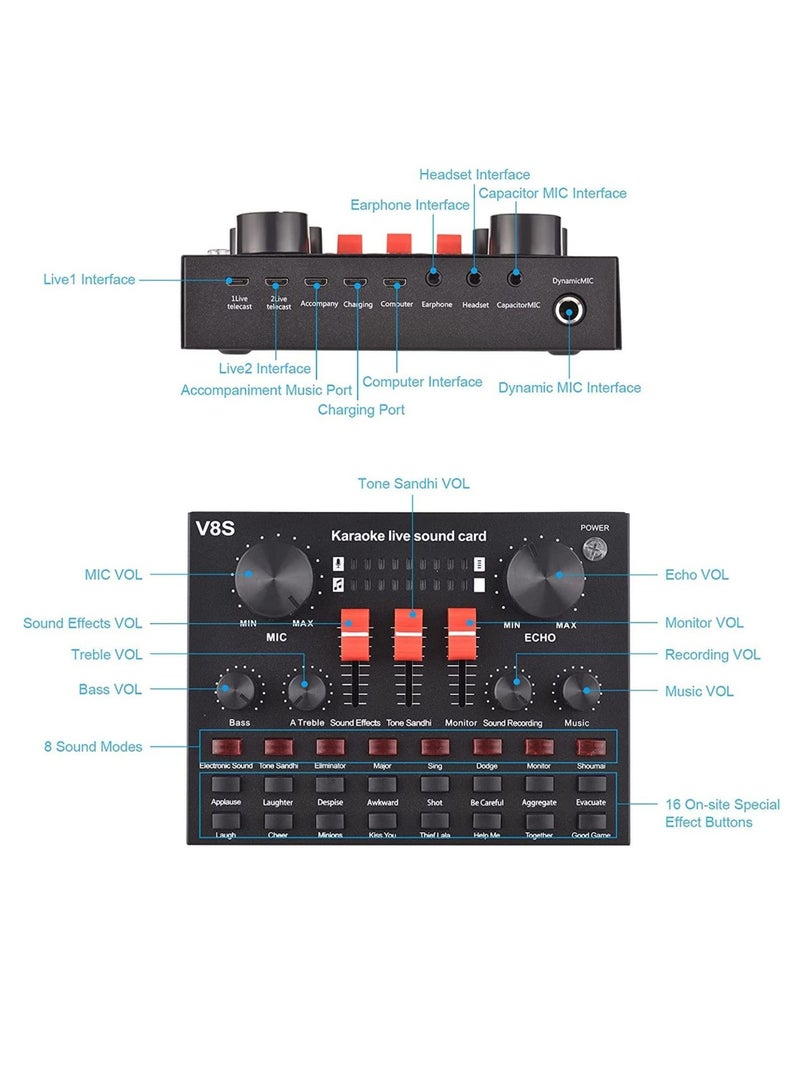 ليدين V8s Live Sound Card, USB External V8s Karaoke Recording Mobile Audio Mixer, Audio Live Broadcast KTV Sound Card for Live Broadcast, K Songs, Recording, Voice Chatting - Image 3