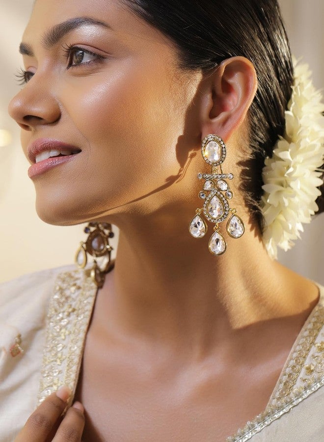 Rubans Chandelier Earrings Traditional Stylish Jewellery with White Crystal & Zirconia Gift for Women & Girls - Image 2