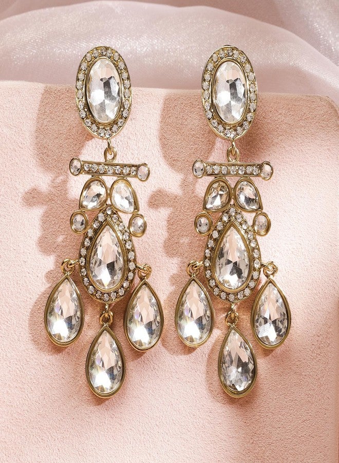 Rubans Chandelier Earrings Traditional Stylish Jewellery with White Crystal & Zirconia Gift for Women & Girls - Image 3
