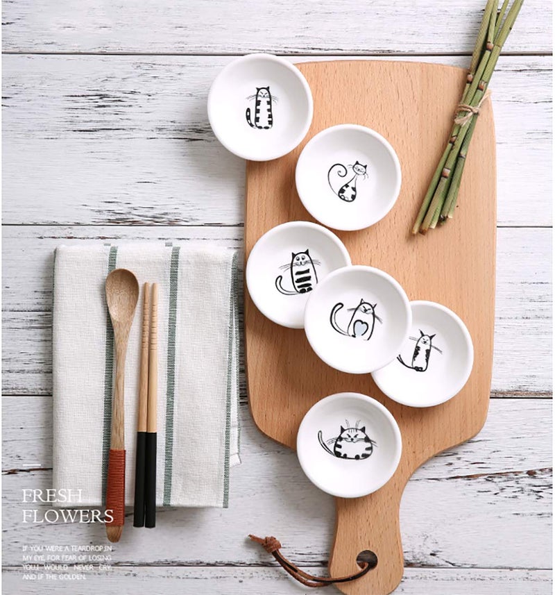 XinHuiGY Cute Cat Ceramic Side Sauce Dishes Mini Round shape Seasoning Dish, Sushi Soy Dipping Bowl,Serving Saucers Dishe,Meow Porcelain Small Tea Bag Holder Set of 6 (Round) - Image 4