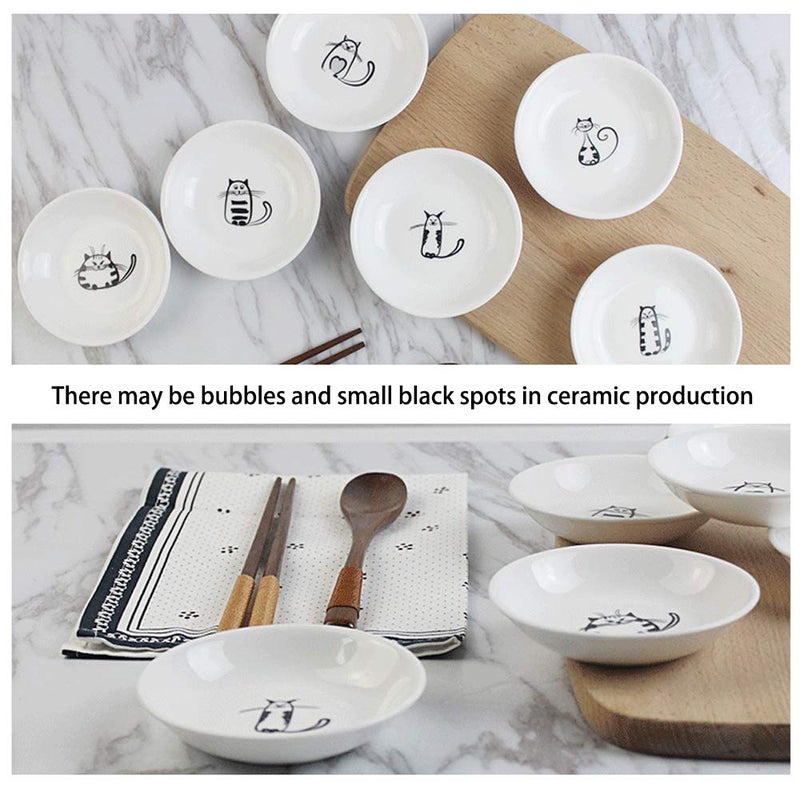 XinHuiGY Cute Cat Ceramic Side Sauce Dishes Mini Round shape Seasoning Dish, Sushi Soy Dipping Bowl,Serving Saucers Dishe,Meow Porcelain Small Tea Bag Holder Set of 6 (Round) - Image 2
